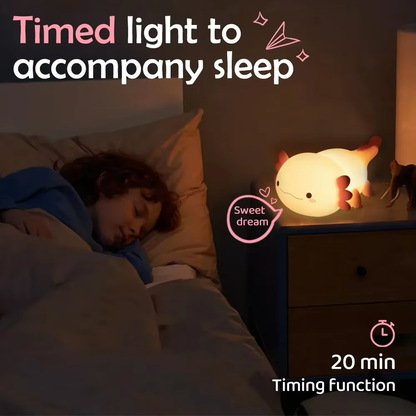 Cozy bedside axolotl night light featuring a 20-minute timer function for peaceful sleep. Available at BlissfulGlow