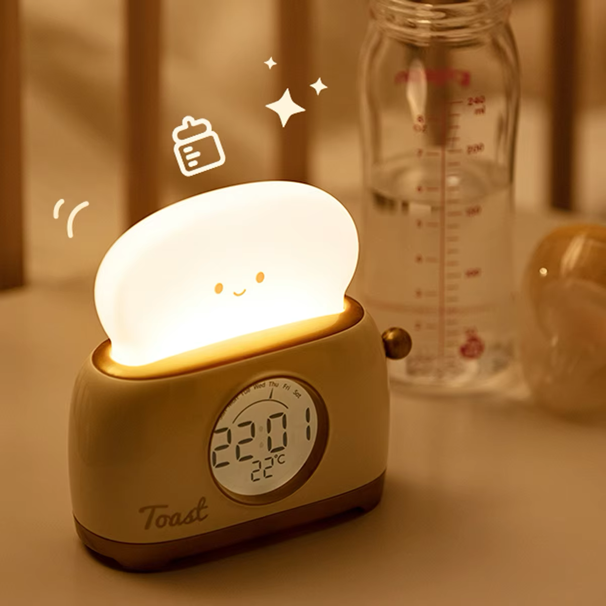 Charming beige toaster alarm clock and night light designed for kids, featuring a digital display and gentle illumination to make bedtime fun and soothing, at BlissfulGlow.