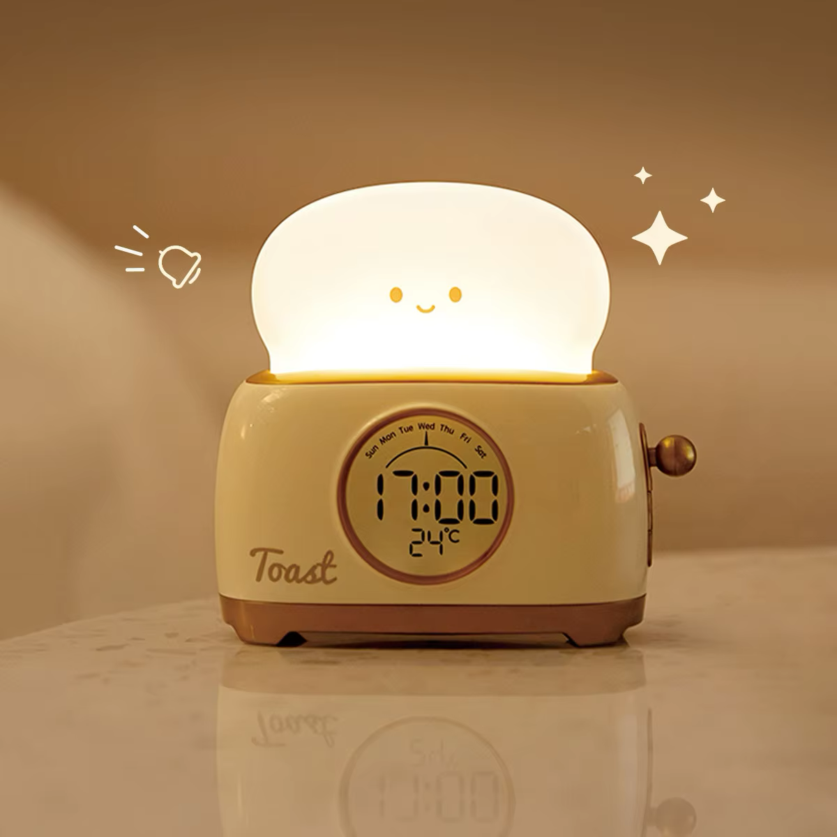 Beige toaster-shaped alarm clock with a sleek digital display and soft night light, perfect for cozy and modern decor, at BlissfulGlow