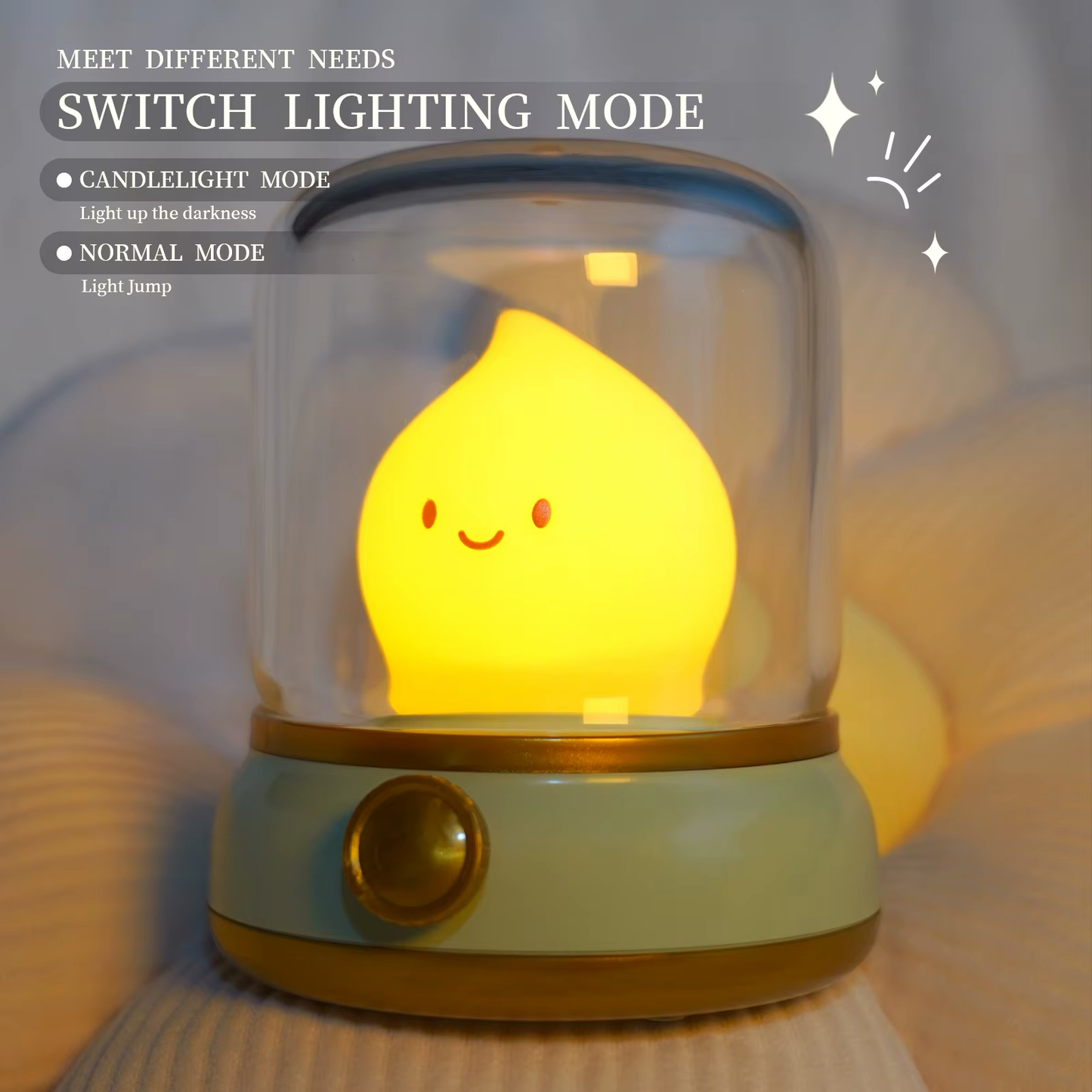 Flame-shaped night light in a glass dome with switchable lighting modes, ideal for creating a cozy and warm ambiance, available at BlissfulGlow.