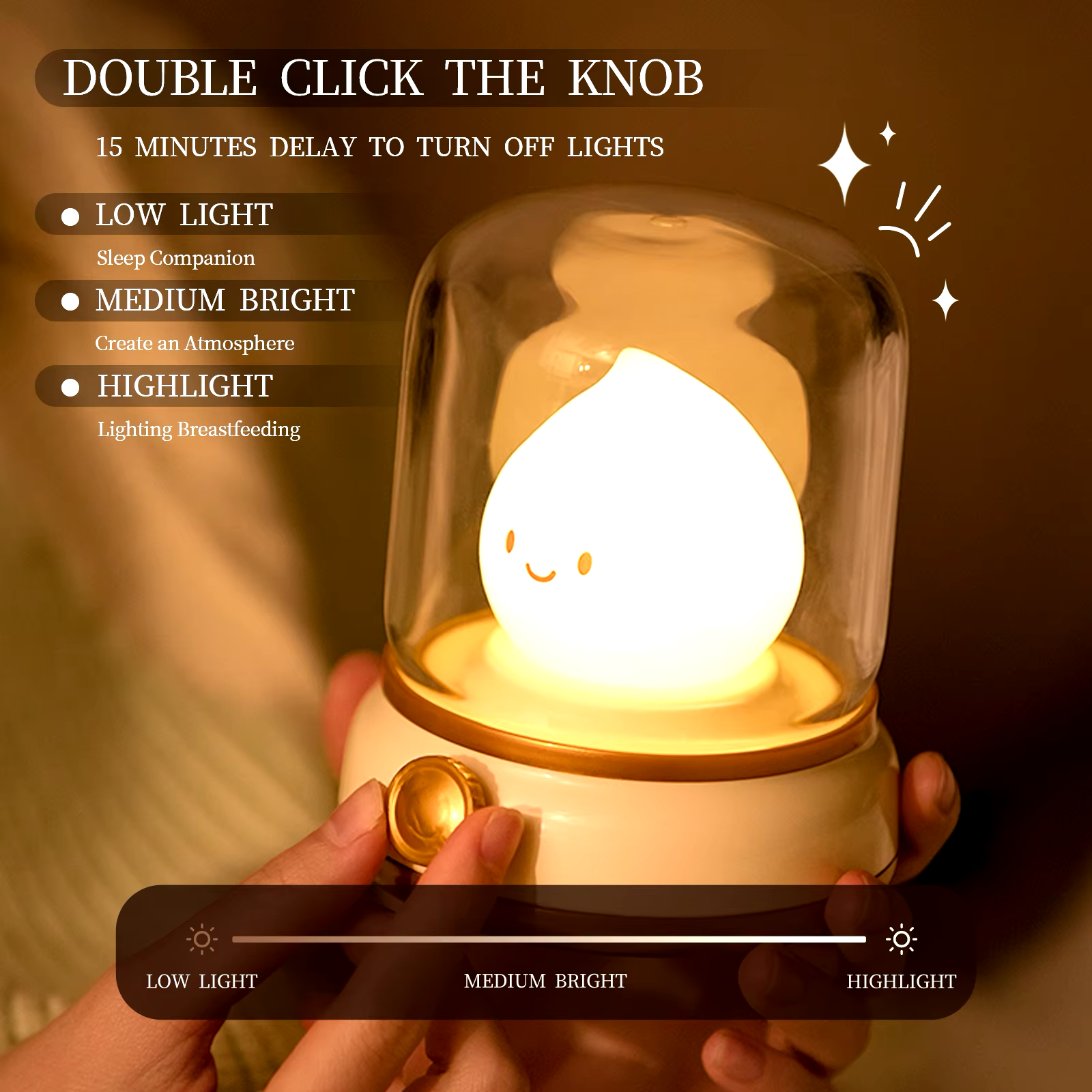 Flame-shaped night light with a dimming control knob, offering adjustable brightness levels for low, medium, and highlight settings, available at BlissfulGlow.