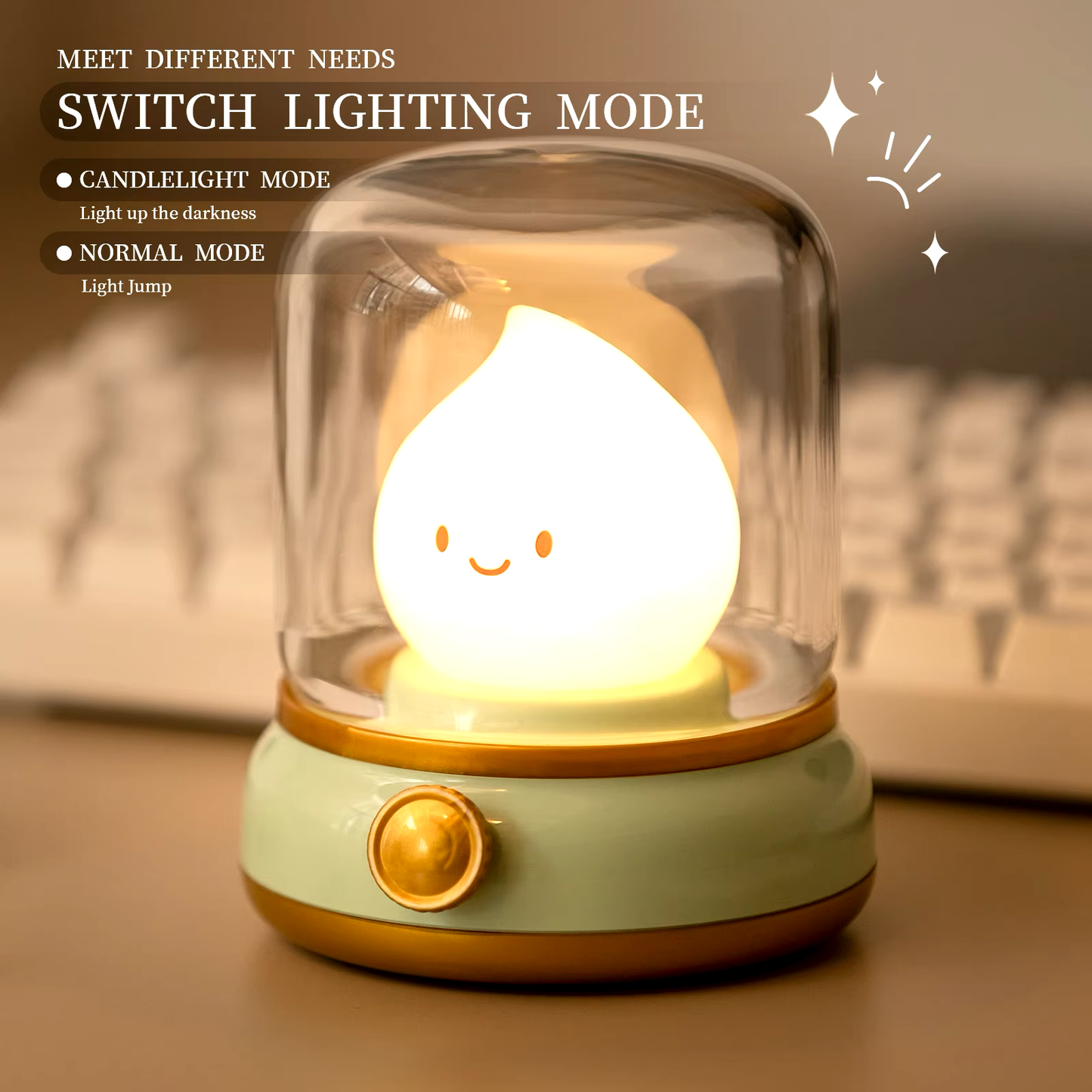 Flame-shaped night light in a glass dome with multiple lighting modes, including candlelight and normal mode, perfect for versatile use, available at BlissfulGlow.