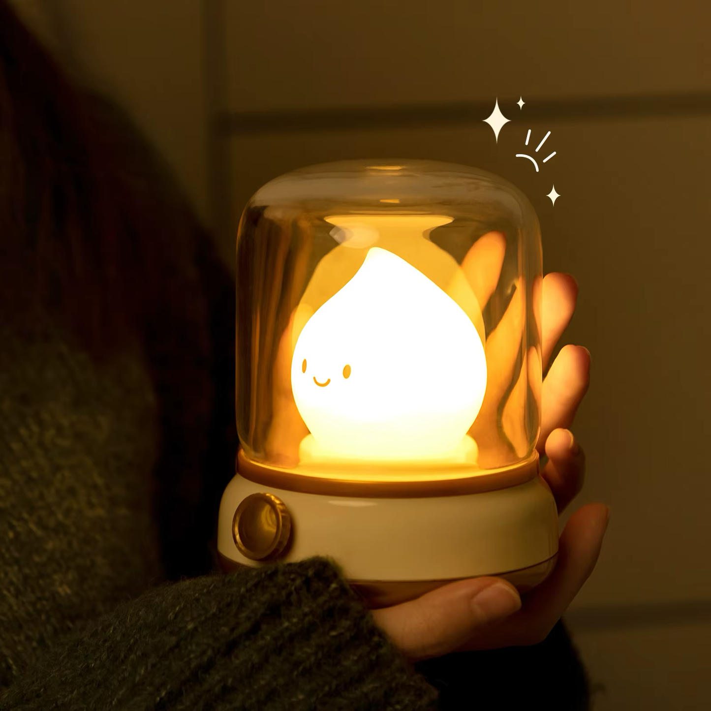 Portable flame-shaped night light encased in a glass dome, designed for soft and warm illumination anywhere, available at BlissfulGlow.