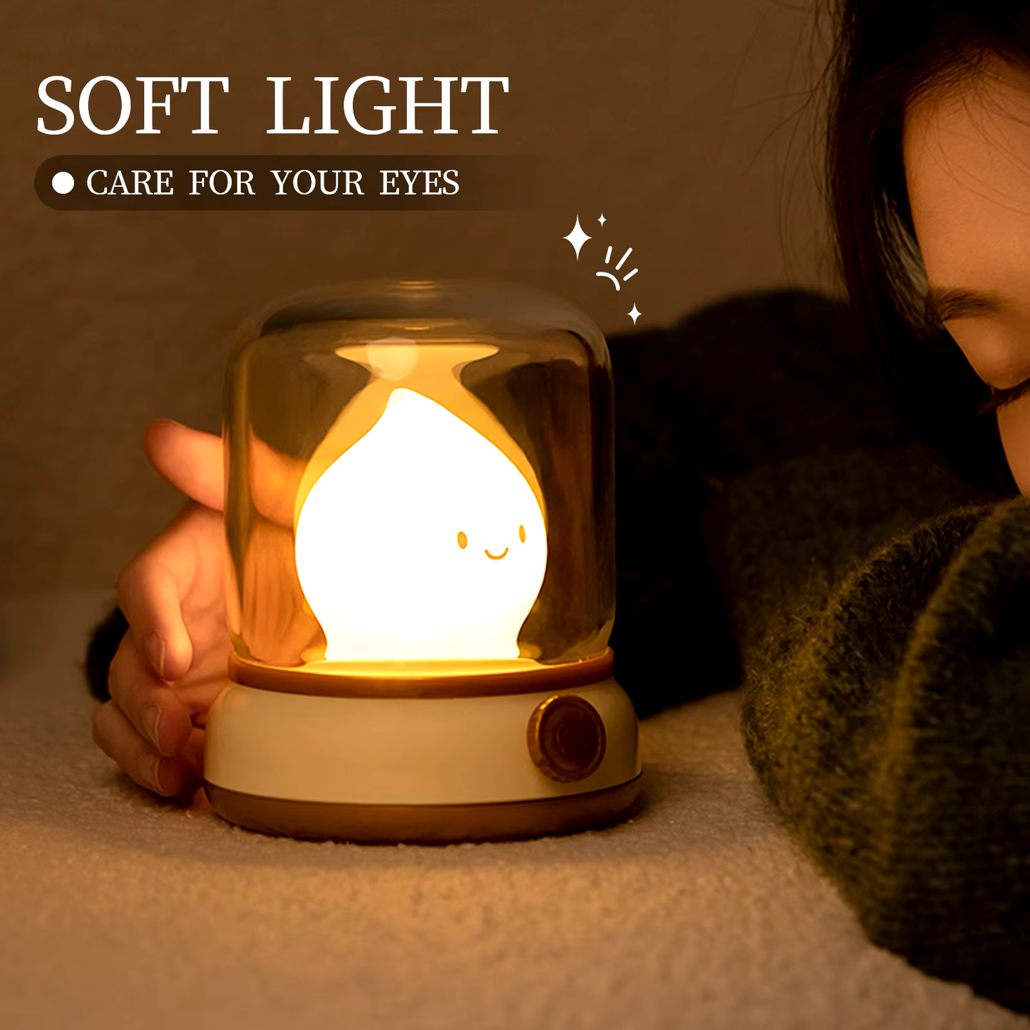 Flame-shaped night light in a glass dome, providing a soft and gentle glow designed for eye care, ideal for a calming nighttime experience, available at BlissfulGlow.