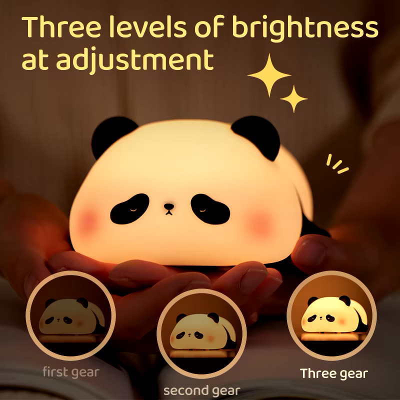 BlissfulGlow Panda Night Light featuring three adjustable brightness levels, perfect for creating a soothing environment in kids' rooms, available at BlissfulGlow.