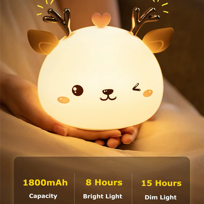 Reindeer-shaped night light featuring 1800mAh battery capacity, with up to 15 hours of dim light, perfect for extended use, available at BlissfulGlow.