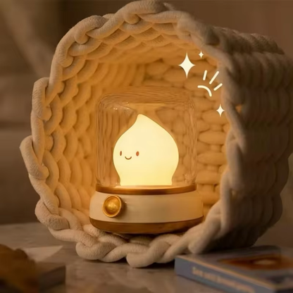 Soft light lamp elegantly placed inside a cozy knitted basket, perfect for creating a warm and relaxing atmosphere. Available at BlissfulGlow.