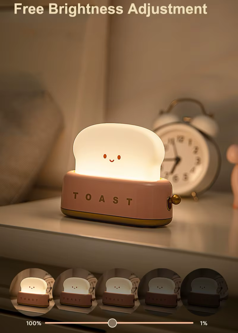 Toaster-shaped night light with adjustable brightness, designed for reading or creating a soft , relaxing ambiance. Available at BlissfulGlow.