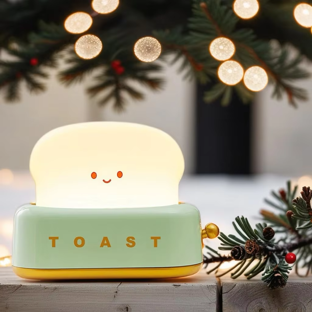 Toaster-shaped night light with a warm glow, perfect for Christmas decor and cozy spaces. Available at BlissfulGlow