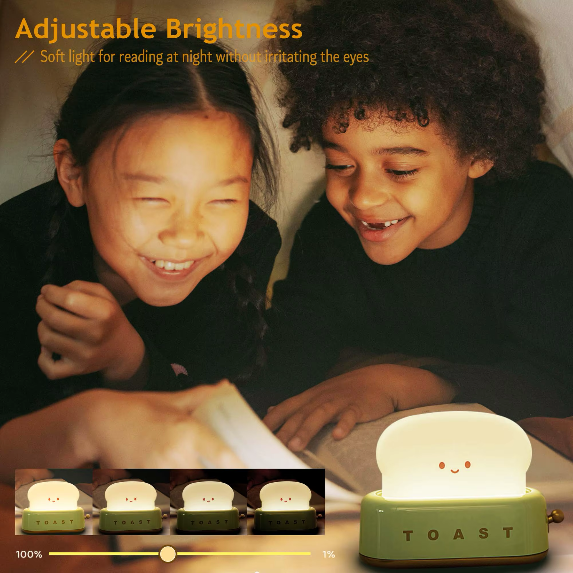 Toaster-shaped night light creating a cozy reading enviroment for children, with adjustable brightness for eye confort. Available at BlissfulGlow.