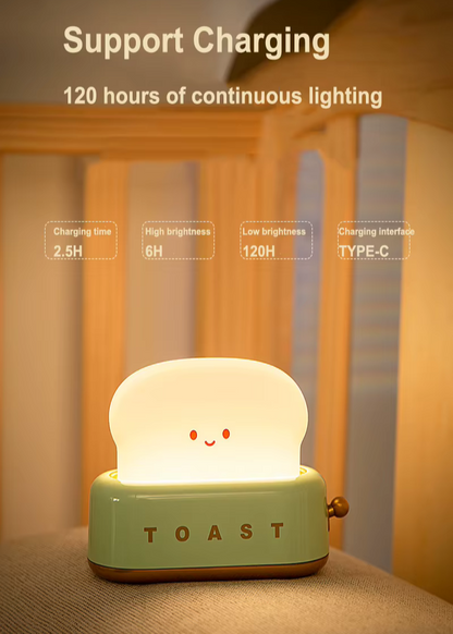 Reachargeable toaster-shaped night light with Type-C charcing, providing up to 120 hours of continuous lighting. Available at BlissfulGlow
