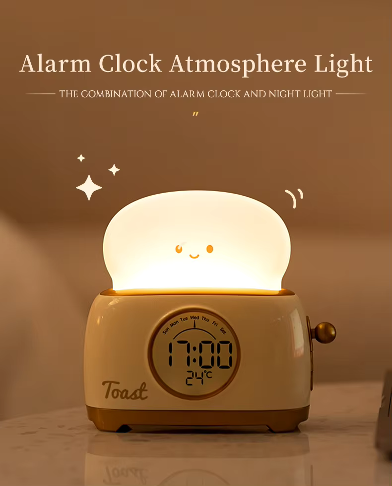 Toaster-shaped alarm clock with atmospheric night light feature, combining functionality and cozy lighting for a warm and modern decor. Available at BlissfulGlow.