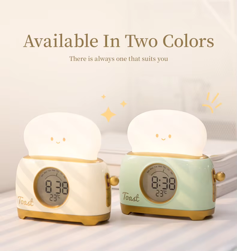 Toaster-shaped alarm clock and night light available in two colors, beige and green, combining functionality and style  for any room decor. Perfect for personalized choices, available at BlissfulGlow.